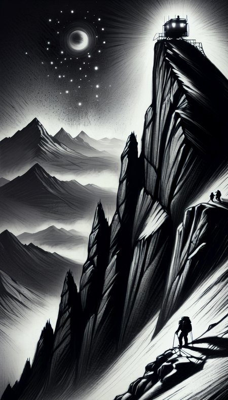 monochrome greyscale noise grainy dirty charcoal drawing of <lora:CharcoalDarkStyleXL:1>CharcoalDarkStyle a mountaineer using high tech equipment to climb a frozen alien peak dark black background black vignette