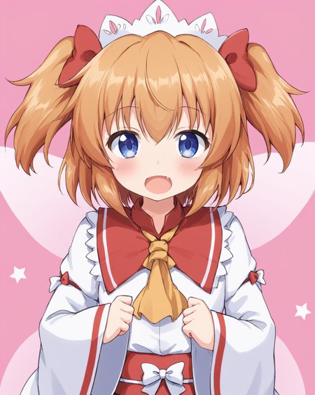 sunny milk,1girl, blush, fairy_wings, fang, solo, looking_at_viewer, open_mouth, headdress, simple_background, long_sleeves, ascot, bow, hand_on_own_chest, two_side_up, pink_background, twintails, outline
<lora:sunny_milk_image988_2023-12-20:1>,star-shaped_pupils,symbol-shaped_pupils,. gorgeous,key visual, vibrant, studio anime,award-winning, professional, highly detailed,high budget, cinemascope