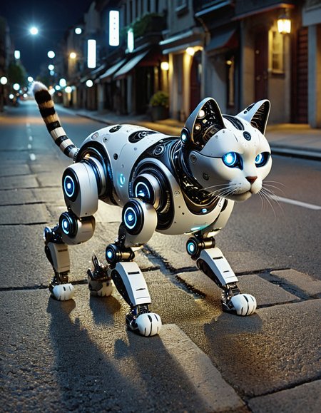 robotlora, cat, robot, walking trough empty street at night