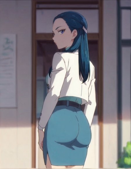 score_9, score_8_up, score_7_up, anime screencap, solo,1girl,kiryuukaoru,  skirt,looking at viewer, belt, jacket, blue skirt, standing,  white jacket, shirt,  pencil skirt, medium breasts,from behind,huge ass<lora:kiryuukaoru:0.8>