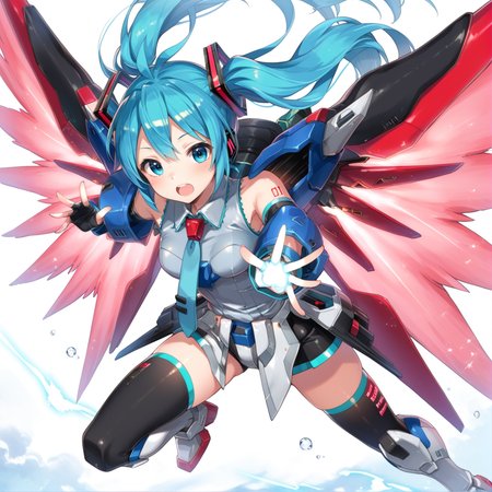 (score_9:0.9),score_8_up,score_7_up,rating_safe,anime_style,(zPDXL),<lora:Destiny Gundam ponyXL v1:0.77>,hatsune miku,destiny gundam,1girl,solo,long hair,thighhighs,mecha girl,open mouth,gloves,mechanical wings,energy wings,glowing hand,outstretched hand,
