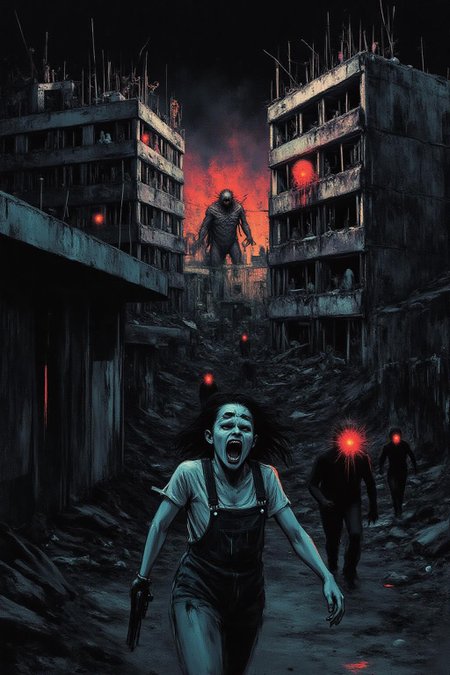 apoca1 illustration. 
A woman running down a dark alleyway between two crumbling high-rise buildings, with a holographic display of her pursuers on the walls and a strange creature with glowing red eyes lurking in the shadows, in a neon-lit cityscape that feels like a dystopian nightmare. She's dressed in tattered overalls and has a pistol at her side.  She is shouting angrily. <lora:apocalypse_now4_nocap_d4a2:1.0><lora:803193128409533986:0>