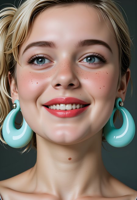 (monica woman:1.2),  beauty shot, (breathtaking closeup portrait of beautiful monica:1.2),  (amazind detailed cute face, erotic eyes, snub nose, blonde hair, buzz cut hair, perky grinning, winking, looking at viewer, blush, freckles, mole on face, lipstick, kissable lips, kinky big cyan plastic earrings, plastic brooch:1.2)   masterpiece of art:1.2),  highest quality, 32k, intricate details, <lora:flux_monica_woman_fictional_epoch_5:0.85>, , , , ,