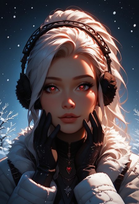 score_9, score_8_up, score_7_up, score_6_up, 1girl, solo, breasts, necklace, sexy face, ponytail hairstyle, winter coat, earmuffs, gloves, winter boots, white hair, long hair, red eyes, shy, beautiful lights, flirtatious, looking at viewer, seductive, Outside, snowing, snowflakes falling, 
going in for a kiss, about to kiss, heart shaped eyes, dreamy, in love, 
View from the front, face focus, closeup, close up,
