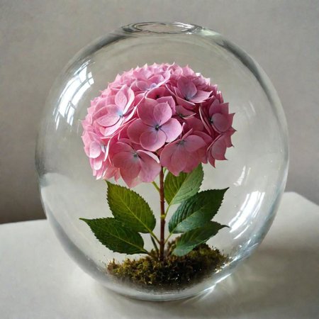 a pink hydrangea in a glass ball