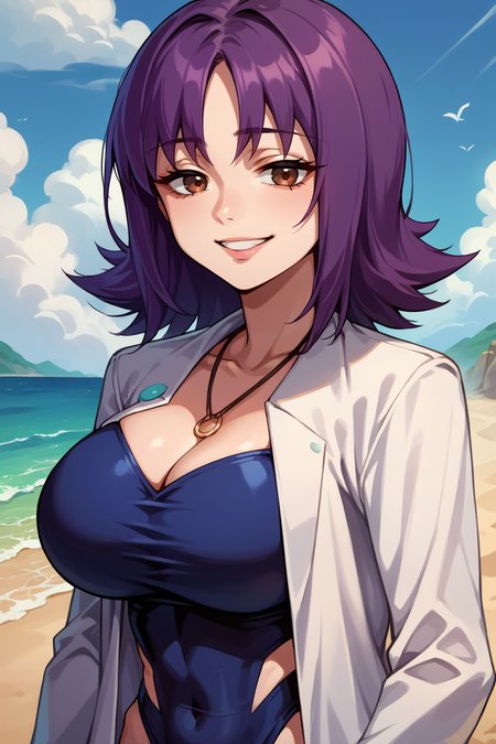 score_9, score_8_up, score_7_up, score_6_up, source_anime, BREAK 1girl, solo  <lora:profivy-pdxl-nvwls-v1-000005:1> profivy, purple hair, labcoat, necklace, dark blue leotard, looking at viewer, (big breasts), beach, blue sky, upper body, looking at you, smile