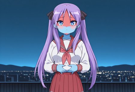 masterpiece,best quality,newest,very aesthetic,highly detailed,high resolution,absurdres,highres,depth of field,super detailed skin,very awa,Anime,anime coloring,anime screencap, {Prompt}, BREAK, depth of field, volumetric lighting, ((blue skin)) , ((shocker, colored skin)), looking at viewer, <lora:shocker_IL:1>, large breasts, daytime, bright lighting, (masterpiece, best quality, amazing quality,, <lora:kagami-hiiragi-s1-illustriousxl-lora-nochekaiser:1>, kagami hiiragi, long hair, blue eyes, ribbon, twintails, hair ribbon, purple hair, anime screencap, skirt, long sleeves, school uniform, pleated skirt, serafuku, sailor collar, neckerchief, red skirt, ryouou school uniform,, city skyline, rooftop view, night time, city lights, quiet reflection, , hands on stomach, blush, looking at viewer, solo,, cowboy shot, solo, blue skin, colored skin)