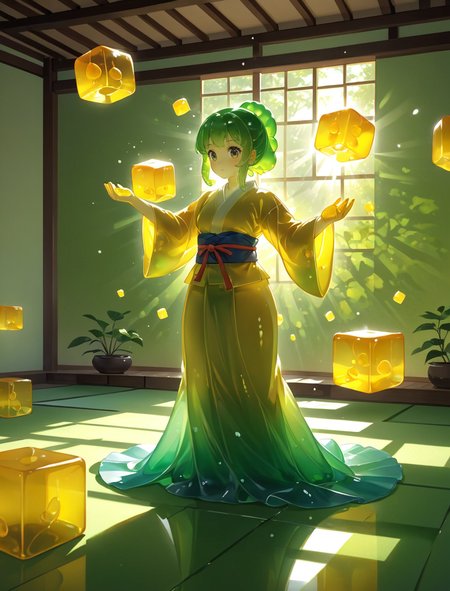 <lora:SDXL_neg4all xl v9.1:1>,  <lora:sss:1>, (translucent) cute jelly girl in kimono, in a dojo, practicing karate, (stand user, summoning yellow jelly cubes), artist study hands, on sunny summer day, subsurface scattering, ray tracing, partially transparent skin,  intricate, best quality, professional illustration, dynamic
