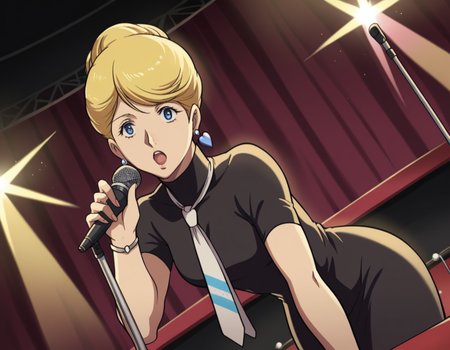 score_9, score_8_up, score_7_up, source_anime,
crowleyhamon, <lora:crowley-hamon-ova-ponyxl-lora-nochekaiser:0.7>,
crowley hamon, medium hair, blonde hair, blue eyes, hair over shoulder,
dress, jewelry, heart, pantyhose, earrings, necktie, hair bun, single hair bun, black dress, turtleneck, short sleeves,
stage, stage lights, microphone, microphone stand, singing, bent over, open mouth,
looking at viewer, cowboy shot, solo, dutch angle,