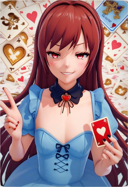 score_9, score_8_up, score_7_up, 1girl, alice in wonderland style, blue dress, detached collar, Queen of Hearts, holding card, smug grin, 3d \(artwork\), Ami Arakawa