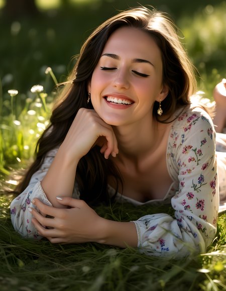In a tranquil, sunlit meadow adorned with wildflowers and dappled shadows, P0PPYJ, a woman of striking beauty, is seated cross-legged on a soft patch of grass. Her long, dark hair cascades around her like a dark waterfall, framing her closed eyes and the delicate curve of her cheekbones. She wears an elegant, flowing dress with long sleeves that hide her arms, yet reveal her intricately painted toenails as she rests them gently on the earth. A single, dainty piece of jewelry glimmers around her neck, contrasting with the natural setting. Her lips are slightly parted, revealing a brilliant smile, and her teeth sparkle in the soft sunlight. The camera captures this moment from a low angle, looking up at her from the ground, as if to emphasize her serene connection with nature.