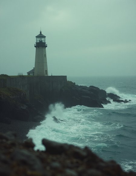 A movie still of a solitary old-fashioned lighthouse standing on a rocky coastline. Waves that are crashing against the shore. The photo is stylized and cinematic., VCTRN, analogstyle,  faded photograph <lora:e377b7657231499e9165dad83cdeb312_pytorch_lora_weights:0.8>  <lora:amateurphoto-6version:0.6> <lora:35mm_joycap:0.5>