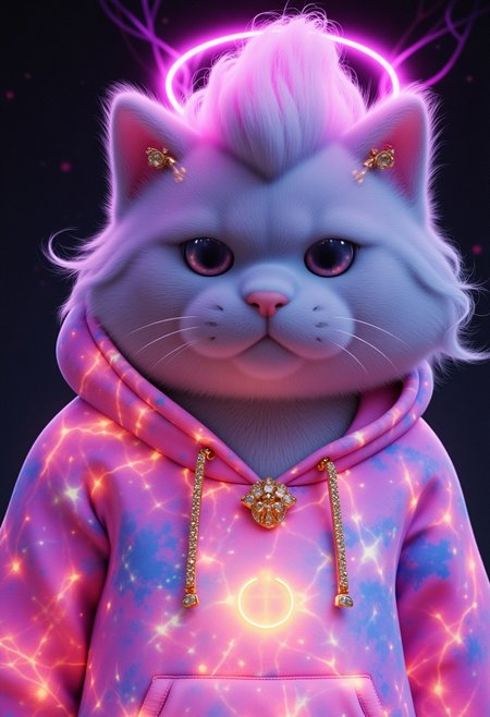 A fluffy white anthropomorphic cat girl close-up, transformed into a charming space princess. She has long, flowing pastel-colored hair styled in loose waves, adorned with star-shaped clips that catch the light. She wears a vivid neon galaxy hoodie adorned with sparkly jewelry, radiating a luminous ethereal halo. The darkness envelops her, illuminated solely by the glowing patterns of her dress. The image is of high quality, hyper-detailed, showcasing her beautifully detailed fur with a soft and whimsical aura.