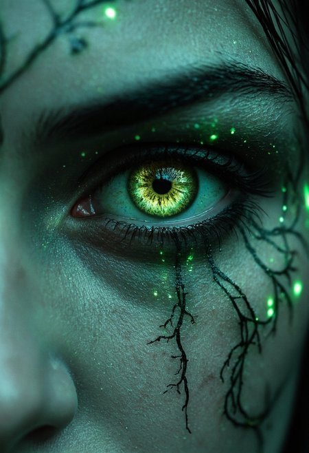 "A haunting, up-close image of the Forest Witch’s eyes, reflecting the moonlit forest and the souls of those who have wandered too far. Her pupils are slit like a serpent’s, glowing with an unnatural green hue. Surrounding her eyes are ancient tattoos made of delicate vines and runes that pulse with faint light. The palette is dominated by eerie greens, silvers, and soft, glowing whites. The art style is ethereal, with delicate line work and glowing accents, almost like a glowing ink wash or bioluminescent watercolor."