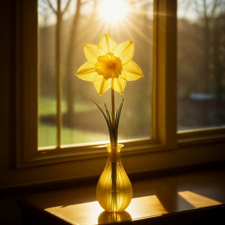 A golden daffodil in a long slender bud vase. It sits on a table by the window, bathed in sunlight. Lens flare. Backlit.

<lora:LensFlare01a_CE_XL_300-OT:0.4> lnsflrCE_style