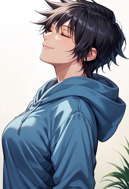 anime artwork, score_9, score_8_up, score_7_up, score_6_up, score_5_up, solo, perfect eyes, detailed eyes, beautiful female, detailed face, dynamics lines, 20 year old, perfect beautiful face, long eyelashes, sharp eyes pupils, (bedroom:1.3), (upper body:1.5), medium breasts, side view, 1girl, black hair, short hair, spiked hair, brown eyes, blue hoodie, eyes closed, smile