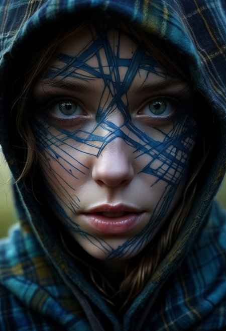 Close-up face, mysterious silhouette of a scottish girl in worn down clothing, goddess, alluring, by Minjae Lee, Carne Griffiths, Emily Kell, Steve McCurry, Geoffroy Thoorens, Aaron Horkey, Jordan Grimmer, Greg Rutkowski, amazing depth, double exposure, surreal, geometric patterns, intricately detailed, bokeh,  perfect balanced, deep fine borders, artistic photorealism , smooth,  great masterwork by Suiras  <lora:add-detail-xl:2>  <lora:Double_Exposure:0.5>