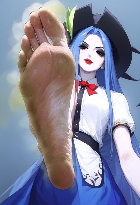 score_9_up, score_8_up, score_7_up, best quality, highres, (((masterpiece))), (sweaty:1.4), 1girl, solo, tenshi, hinanawi tenshi, long hair, blue hair, black hat, peaches, white shirt, blue skirt, waist apron, sweaty feet, sweat dripping from feet, smug, (Pungent Green Stink:1.8), (Extremely Stinky Feet:1.8), stinky feet, smelly feet, rancid feet, cheesy feet, toe jam, foot stink, thick scent, thick smell, inviting, (dirty feet:1.2), dominating, steaming feet, deep arches, stench, foot stench, stink cloud, stink lines, overwhelming stink, shaded face, oily, greasy, long toenails, very long toenails, long nails, from below, low angle, looking down at viewer, pov feet, pale skin, very pale skin, pale feet, very pale feet, red lipstick, black eyeshadow, dirty feet, nasty feet, (((five toes))), footstomp, foot focus, soles, foreshortening, view from below, deep arches, wrinkly soles