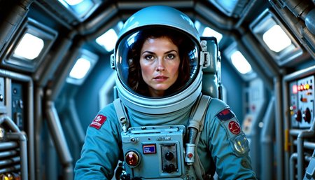 nostromo style,
woman wearing spacesuit, armor, space helmet, helmet exhaust port, in a spaceship hallway, spaceship interior, overhead pipes, pipes along floor, ceiling decoration, control panels, buttons, switches, lights, greebles, science fiction, horror, extremely detailed, sharp focus, sharp

extremely detailed:1.2, sharp:1.2, bold outlines,

sharp focus, detailed face, clear eyes, Detailed perfect hand
