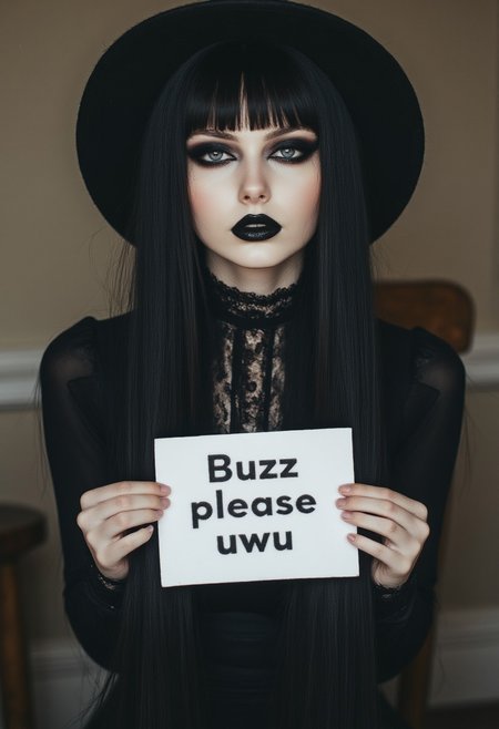 FictionalCrystal, a goth girl with heavy black eye makeup and black lipstick. Holding a sign that reads "Buzz please uwu"
