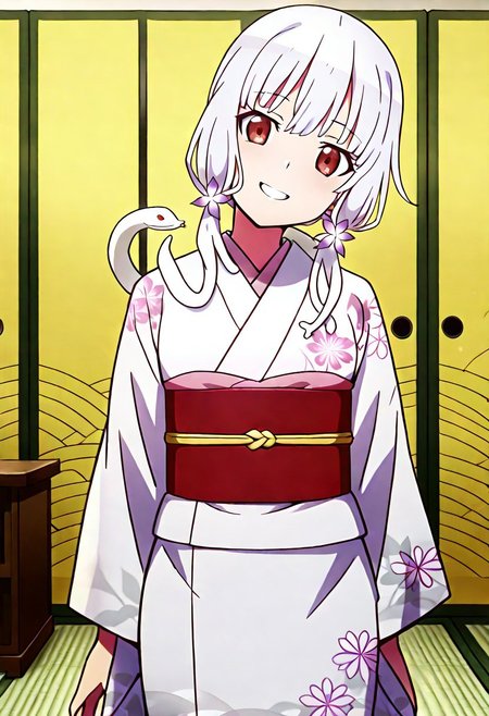 Smooth Quality - Illustrious, sfw,
anime, illustration, nadeko, red eyes,medium hair,white hair,snake hair,albino, 
<lora:NSFWFilter_illusXL_Incrs_v1:-1>
<lora:Snake_on_Shoulders:0.8> sn4k3, snake on shoulders, large snake, white snake,
1girl, solo, standing, cowboy shot, alluring pose, 
japanese clothes, white kimono, furisode, floral print, 
looking at viewer, head tilt, beautiful smile, grin,
golden folding screen, zabuton, tatami,