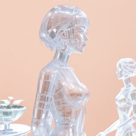 1girl, solo,medium breast, simple background, white background, glassg1rl, glass girl, clear clothes, glass clothes, standing, 
upper body,  side view, short  hair, clear hair, glass hair ,, glass face, face, transparent ,night,glass statue,arms behind back,  <lora:glass-girl-01:1>