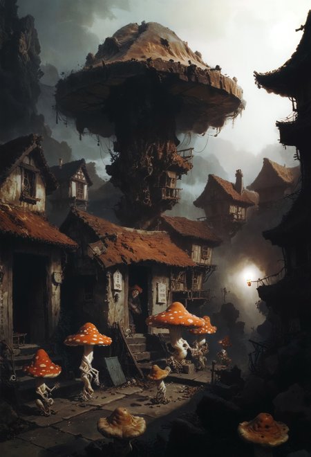 score_9, score_8_up, score_7_up, BREAK, A (giant mushroom monster)++ laughs as a village of elves is destroyed by a nearby cheese volcano, gongbi, great lighting