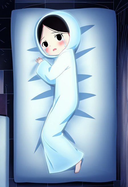 zPDXL3, source_cartoon, Perfect Hands, full body,
1girl, solo, aged down, bedroom, looking at viewer, saoirse, black hair, black eyes, blush, ghost, hood up, robe, barefoot, glowing, lying on bed, from above, lying on side, facing at viewer, feeling cold, eyes open, crying sadly, fear, open mouth, sleeve past wrist, slim body, long body, highlight cloth wrinkle, anime style,
<lora:Perfect Hands:1>  <lora:Saoirse_-_The_Song_of_the_Sea-000009:1>