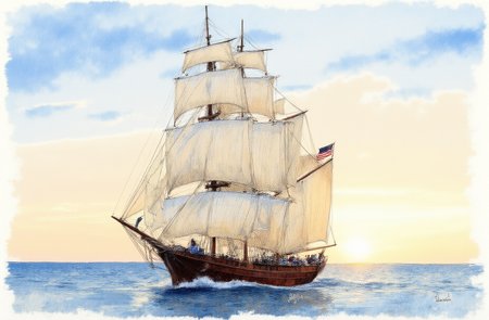 Sharp image of a rough sketch, rendered in vibrant multi colour ballpoint pen, capturing the adorable features of a portait of a tall ship sailing on the ocean. The ship is a replica of a traditional sailing ship, with multiple masts and sails billowing in the wind. The sails are white and appear to be made of fabric, and the ship is sailing on a calm body of water. The sky is cloudy and the sun is setting, casting a warm glow over the scene. The American flag is visible on the mast, and there are a few people on board the ship. The overall mood of the image is peaceful and serene.  p3nsk, <lora:p3nsk:1>