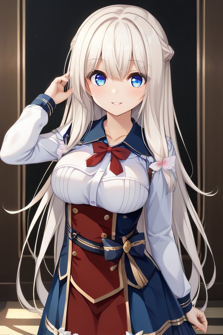 score_9, score_8_up, score_7_up, source_anime, rating_safe, intricate details, official style, 1girl, solo, <lora:Kimihara_Yua:1>, yua, white hair, blue eyes, very long hair, hair flowers, collarbone, large breasts, school uniform, white long sleeves, red_neck_ribbon, blue_bow_around_waist, red uniform, blue skirt, frilled skirt, thighs, looking at viewer, smile, indoor, cowboy shot, hand on hair, parted lips, five fingers