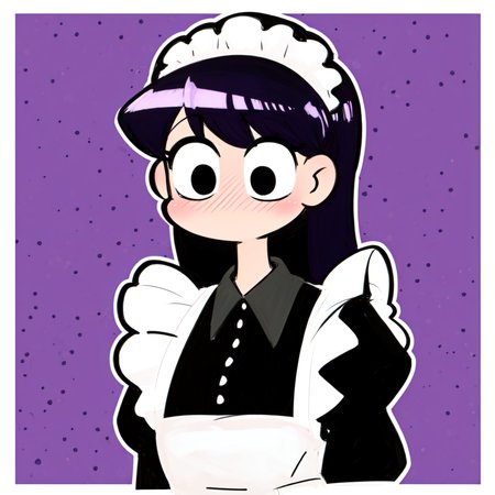((komi shouko)), 1girl, apron, black eyes, dotted background, emphasis lines,komi-san wa komyushou desu, long hair, looking at viewer, maid, (no mouth), (no nose), purple hair, self-upload, solo, sound effects, upper body, nose blush, large eyes, shaded face, border, outline  <lora:komi_shouko:0.7>