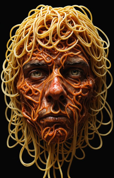 head made from messy spaghetti and sauce ,Olivier Valsecchi,black background  <lora:add-detail-xl:1>