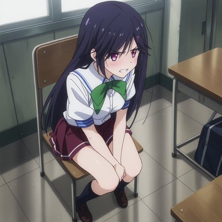 nsfw, masterpiece, best quality, 1girl, solo, magical_warfare_mui_aiba, full body, sitting, on chair, long hair, blush, hair ornament, hairclip, purple eyes, black hair, school uniform, teeth, clenched teeth, school, class, classmate, <lora:Mui_Aiba_-_Magical_Warfare:0.7>