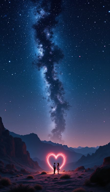 blissful valentine, A magical desert landscape under a sky full of stars, where two silhouettes stand by a glowing heart-shaped oasis, their hands intertwined as the Milky Way stretches above them.