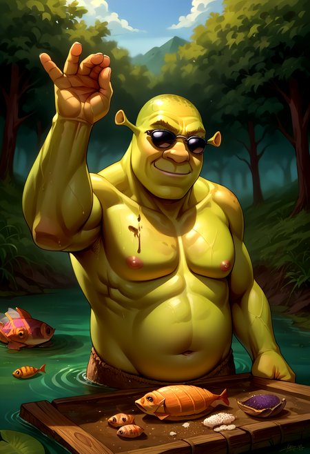 score_9, score_8_up, source_anime, saltbaememe, salt, sunglasses, <lora:SaltBaeMeme_XLPD_CAME:1>, flesh, <lora:Shrek_XLPD:1>, shrek, green skin, topless, muscular, smirk, wetland, swamp, dirt, food, fish,