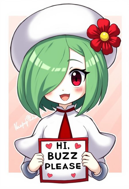 1girl, gardevoir, green_hair, green_skin, hair_over_one_eye
high definition, extremely detailed, masterpiece,
score_9, score_8_up, score_7_up,
blush, bob_cut, bonnet, clothed_pokemon, commentary_request, flat_chest, gardevoir_\(fashionable\), green_hair, green_skin, hair_over_one_eye, happy, hat_flower, heart, highres, looking_at_viewer, one_eye_covered, open_mouth, partial_commentary, red_eyes, red_flower, red_trim, short_hair, smile, solo, two-tone_skin, white_capelet, white_hat, white_skin, BREAK holding a sign that says, "Hi, BUZZ please"