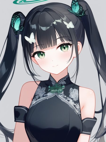 ,<lora:dan_1w:1>,solo, 1girl, white background, simple background, grey background, upper body, looking at viewer, blush, closed mouth, green eyes, long hair, black hair, butterfly hair ornament, twintails, bangs, double bun, side bun, china dress, black gloves, black dress, sleeveless dress, halo, bare shoulders, own hands together