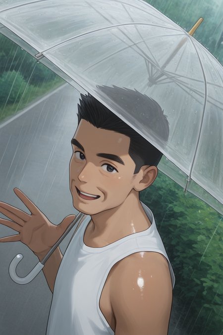 realistic shading, natural lighting, raining, sunshower, sunray, sunny, summer theme, holding umbrella, 1hand waving, male focus, looking at viewer, expressive face, minodaoi, black_minodaoi_short hair, black_minodaoi_eyes, old man, 1boy, shiny skin, sweet smile, summer clothes, tank top, outdoors, road, bush, from above, dynamic angle, intricately detailed illustration, depth of field, masterpiece, best quality, amazing quality, very aesthetic, absurdres, newest