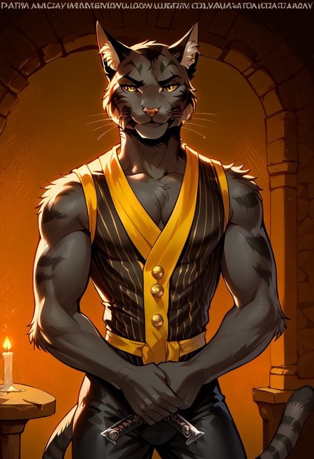 score_9, score_8_up, score_7_up,  

BREAK
fit muscular handsome taciturn apathetic male (((furry khajiit))), feline, 30 year old male with cat nose, cat whiskers and a tail, evil, matching yellow feline eyes, prominent eyebrows, (((black short fur tabby, cat nose, whiskers, black cat ears, black cat tail))), frank frazetta style, rich, bare arms,  toned body, apathetic, wearing a luxurious yellow medieval sleeveless vest showing off chest, 4K, high quality, detailed, holding a short sword, villain
