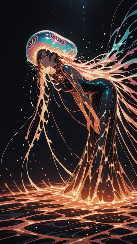 anime, comic, dynamic angle, masterpiece, best quality, 8k, beautiful, hot, seductive, (eye contact: 1.1), (looking at the viewer), brown eyes, beautiful face, hyper detailed, ultra high resolution, woman, leaning forward to viewer, long dress made of lava, extra long hair, wavy hair, coral reef, under water, detailed eyes, luscious lips, (bright studio lighting:1.2), f2, 35mm, film grain, underwater_scene, (huge jellyfish as a pump hood:1.2), bioluminescent dress, woman Illuminated by the ethereal glow of bioluminescent jellyfish, underwater volcano, the lava spreads in the water, surrounds the woman, lava merges with the water, romantic atmosphere, under water, bioluminescent structures, symphony of water and joy, soft illumination, zentangle, mandala, tangle, entangle, (fractal art:1.2), (hyperdetailed:1.2), (intricate details:1), (Refined details:1.2), (detailed radiant face:1.1), liquid hair, jedsplu,jedsplu style,psychedelic colors <lora:Psylustrious:0.7>, bioluminescence, black background, very dark, neon glow,  <lora:reij-detaILer:0.6>