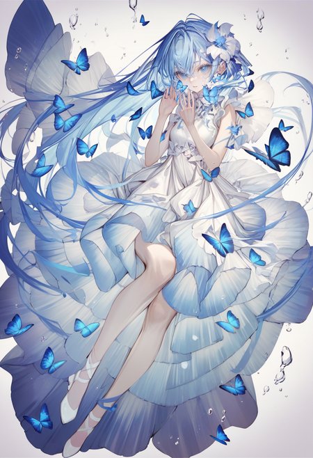 score_9, score_8_up, score_7_up, score_6_up, <lora:yoggiXL_P6_lokr_V43P1:0.95>   1girl, butterfly, bug, solo, dress, long hair, blue butterfly, flower, looking at viewer, white dress, blue hair, very long hair, blue eyes, full body, blue nails, hands up, parted lips, sleeveless, white flower, hair between eyes, white footwear, water drop, sleeveless dress, hair ornament, blue theme, frills, white background