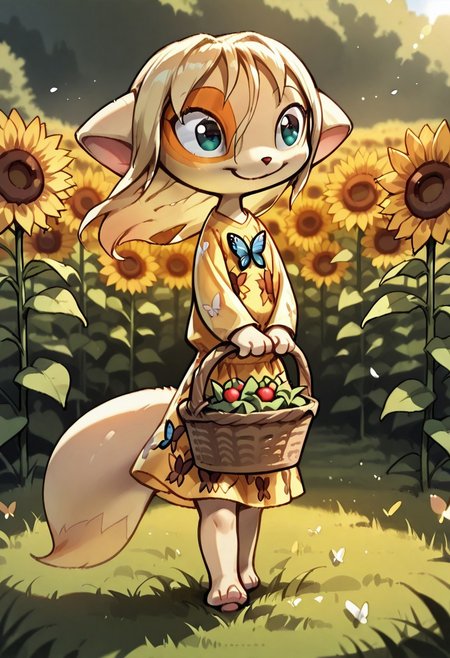 Dreamkeepers,1girl,Paige,solo,furry,tail,source_furry,blonde hair,
child, kid,
in a sunflower dress holding a basket of fresh berries, standing in a sunlit meadow with butterflies fluttering around her, sunflower_dress, basket, berries, meadow, butterflies, smile, happy, cute, long_hair, outdoor, nature, sunny, pastel_colors, peaceful