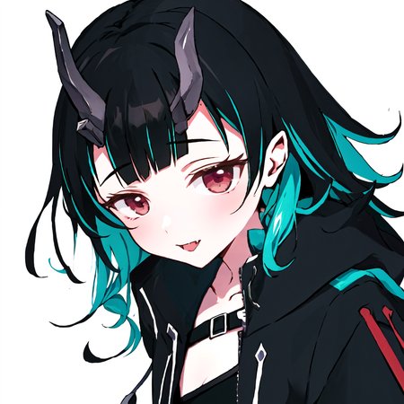 shishio chris,solo,1girl,<lora:shishio chris:1.0>,fang,demon horn