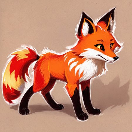 drawix5  drawing  <lora:drawix5:1>  firey fox  that is a bright red-orange bearing resemblance to a red fox. Its ears are long with the insides being tan and the ends of the ears are tipped in black. It has eyebrows that are a lighter shade of yellow. On each side of face, messy tufts of fur are visible. inside of its ears are tan. It has a large bushy tail that like its ears, is tipped with a black pattern. A prominent feature  is being engulfed with flames that cover over its legs and the tip of its tail. The eyes  come a crimson red color.