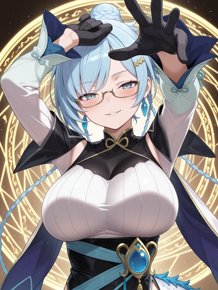 dragon tale fymena, 1girl, solo, large breasts, looking at viewer, upper body, parted lips, blush, arm up, black china dress, black capelet, yellow hairclip, dragon girl, single blue earring, single hair bun, gold under-rim eyewear, cyan detached sleeves, black gloves, multicolored cape, outstretched hand, blue hairpin,smug, magic circle
masterpiece,best quality,amazing quality,very aesthetic,absurdres,newest,<lora:Dragon Tale Fymena illuXL v1.31:0.76>,