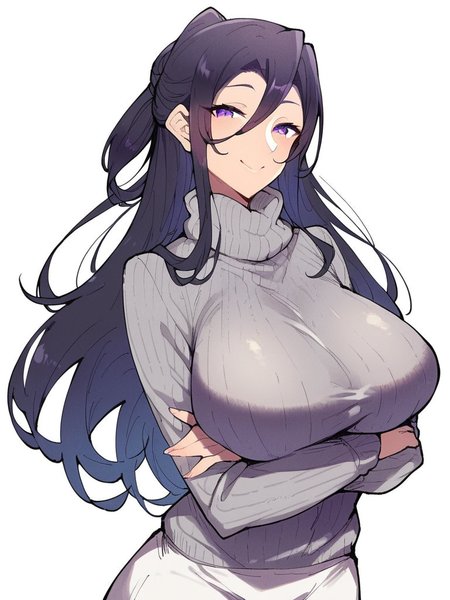 score_9, score_8_up, score_7_up,  
1girl,  kanbara chisa, black hair, long hair, half updo, large breasts, purple eyes,

standing, smile, closed mouth, narrowed eyes, crossed arms, looking at viewer, grey sweater, turtleneck, long sleeves, white skirt, white background,