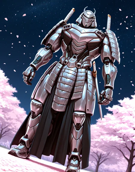 <lora:Silver_Samurai_(Marvel_Comics)_(Illustrious)_(AD):1> Silver Samurai, robot, armor, 
((
exterior, traditional Japanese noble's estate home, cherry blossoms, night sky, 
dutch angle, dynamic action, male focus, solo, fully armored, villain, hyper glossy body, powerful, superiority,  
)),
BREAK: very awe, aesthetically pleasing, masterpiece, best quality, amazing quality, very aesthetic, depth of field, absurd details, depth of field, atmospheric rendering, natural shading, soft shading, 
BREAK: lazympos, lazypos (3),