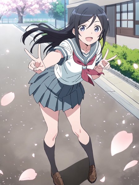 masterpiece, high score, great score, absurdres, anime screenshot, anime coloring,  <lora:Char-Aragaki_Ayase-V1-SDXL:1:hr=0.7>, 1girl, aragaki ayase, solo, serafuku, blue pleated skirt, red neckerchief, loafers, black socks, double v, looking at viewer, smile, open mouth, standing, full body, outdoors, street, cherry blossoms, petals, depth of field