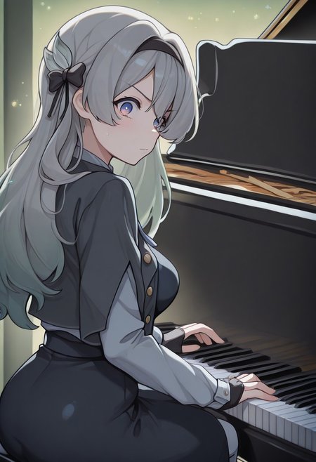 masterpiece, best quality, amazing quality, very aesthetic, absurdres, newest,  amazing detail, intricate detail, firefly, jepella, grand piano, sitting, playing piano