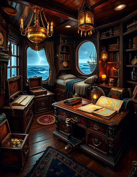 <lora:Captain_c4b1n:1>,Captain c4b1n
A richly detailed pirate captain's cabin aboard an 18th-century wooden ship. The room is dimly lit by flickering candlelight and a hanging oil lantern, casting warm golden glows on the dark oak walls. An ornate wooden desk sits at the center, covered with ancient, weathered maps, a golden compass, and scattered quills with ink bottles. A large, curved window at the back reveals the vast ocean under a moody, cloudy sky, with faint moonlight seeping in.
To the right, a massive wooden bookshelf filled with leather-bound books, nautical charts, and mysterious artifacts, some covered in dust. On the left, a polished mahogany chest with intricate carvings, partially open, revealing gold coins and shimmering gemstones. A grand captain's chair, upholstered in deep red velvet, sits behind the desk, exuding authority and power.
The wooden floor is rugged and slightly uneven, adorned with an old tattered rug. A cutlass and a flintlock pistol rest casually on the desk, while a pirate hat with a large feather hangs on the wall beside a mounted shipâs wheel. The atmosphere is both eerie and majestic, evoking the spirit of adventure and the mysteries of the sea.
<lora:SDXLFaeTastic2400:0.4> <lora:extremely_detailed:0.4> extremely detailed, Masterpiece,best quality,hi res,8k,hi res,8k,award winning,(sharp focus, intricate, highly detailed),